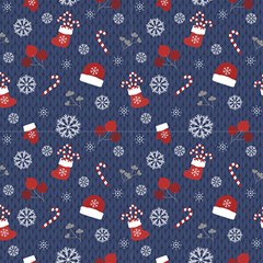 Christmas Pattern On Blue Knitted Background  by FloraaplusDesign