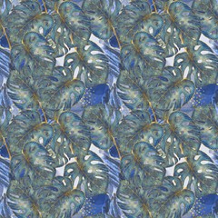 Blue Leaves Fabric by DinkovaArt